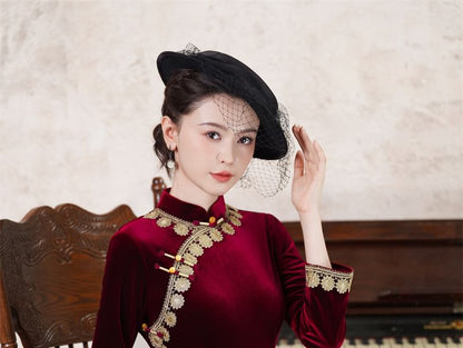 Long-Sleeve Velvet Midi Qipao