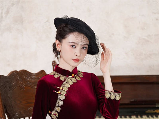 Long-Sleeve Velvet Midi Qipao