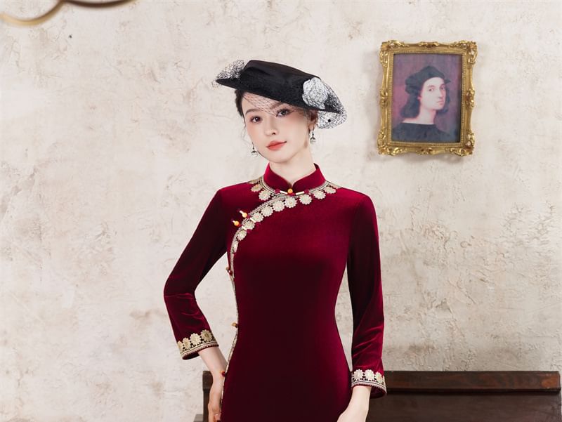 Long-Sleeve Velvet Midi Qipao