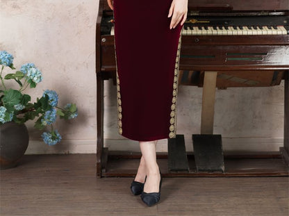 Long-Sleeve Velvet Midi Qipao