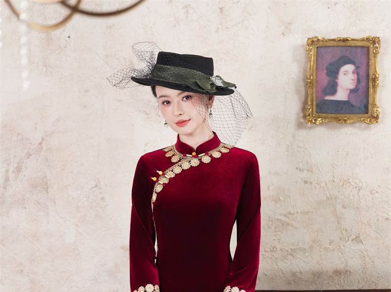 Long-Sleeve Velvet Midi Qipao