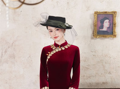 Long-Sleeve Velvet Midi Qipao