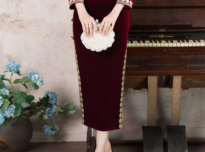 Long-Sleeve Velvet Midi Qipao
