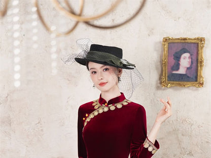 Long-Sleeve Velvet Midi Qipao
