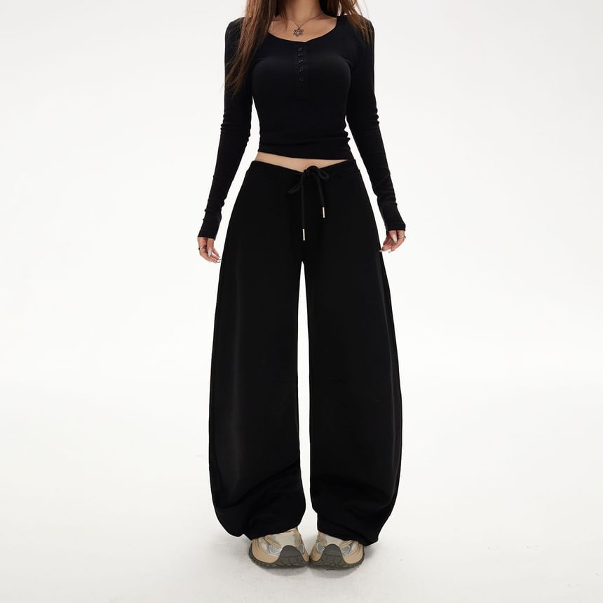 Henley Crop Slim Tee & Drawstring Barrel-Leg Sweatpants, Long Sleeves