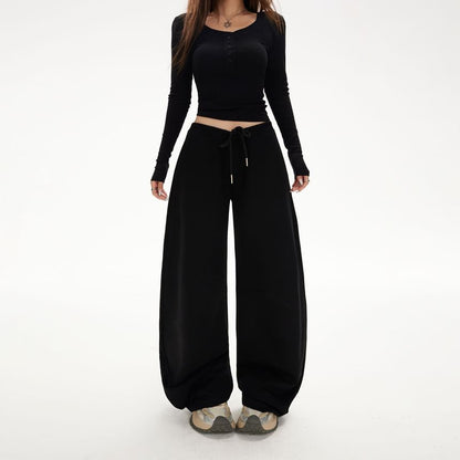 Henley Crop Slim Tee & Drawstring Barrel-Leg Sweatpants, Long Sleeves