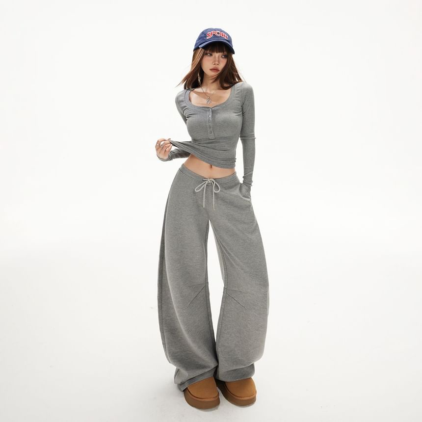 Henley Crop Slim Tee & Drawstring Barrel-Leg Sweatpants, Long Sleeves