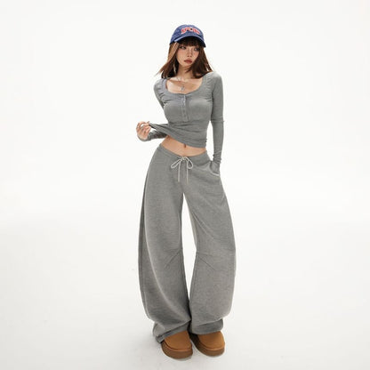 Henley Crop Slim Tee & Drawstring Barrel-Leg Sweatpants, Long Sleeves