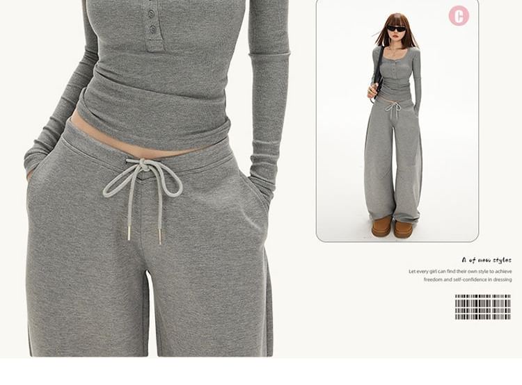 Henley Crop Slim Tee & Drawstring Barrel-Leg Sweatpants, Long Sleeves