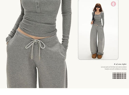 Henley Crop Slim Tee & Drawstring Barrel-Leg Sweatpants, Long Sleeves