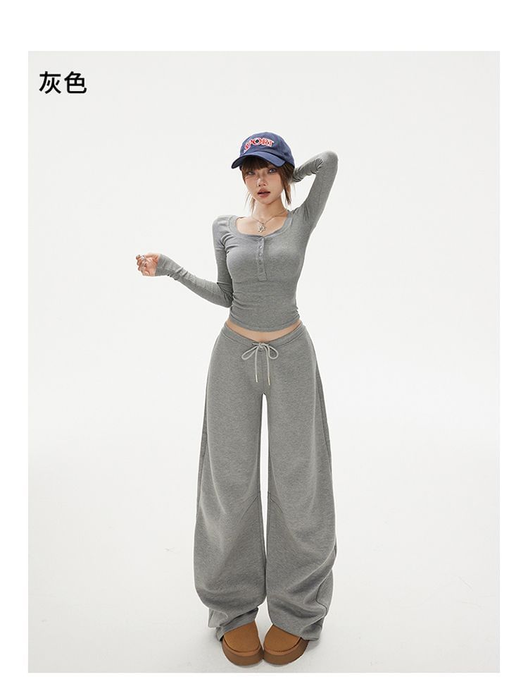 Henley Crop Slim Tee & Drawstring Barrel-Leg Sweatpants, Long Sleeves