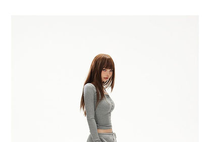Henley Crop Slim Tee & Drawstring Barrel-Leg Sweatpants, Long Sleeves