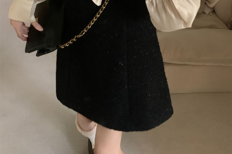 Tie-Neck Buttoned Solid Blouse & Square-Neck Tweed Mini Dress, Long Sleeves