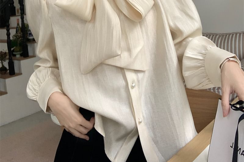 Tie-Neck Buttoned Solid Blouse & Square-Neck Tweed Mini Dress, Long Sleeves