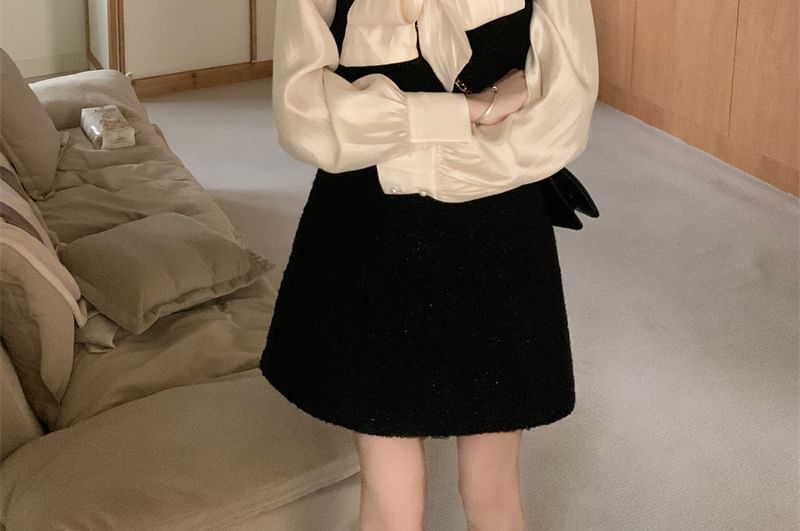 Tie-Neck Buttoned Solid Blouse & Square-Neck Tweed Mini Dress, Long Sleeves