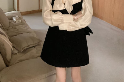 Tie-Neck Buttoned Solid Blouse & Square-Neck Tweed Mini Dress, Long Sleeves