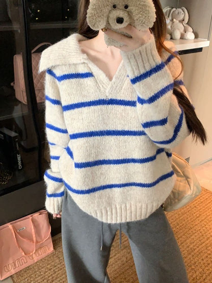 Striped V-Neck Sweater with Collar