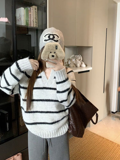 Striped V-Neck Sweater with Collar