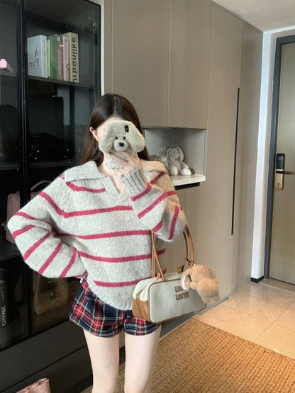 Striped V-Neck Sweater with Collar