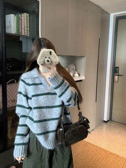 Striped V-Neck Sweater with Collar