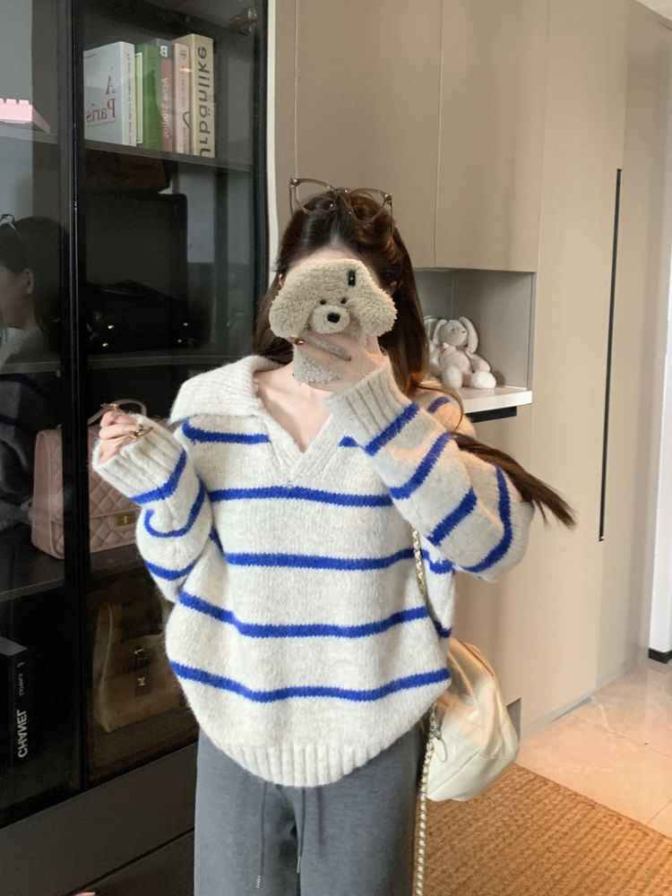 Striped V-Neck Sweater with Collar