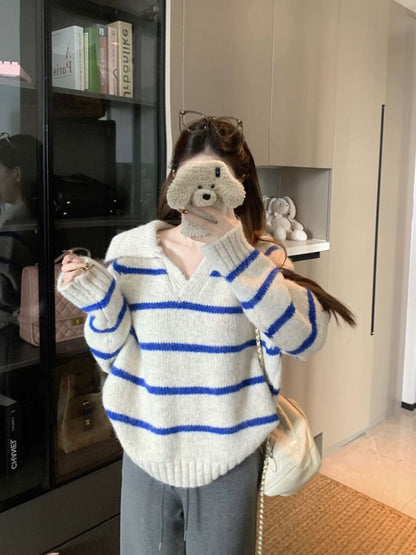 Striped V-Neck Sweater with Collar