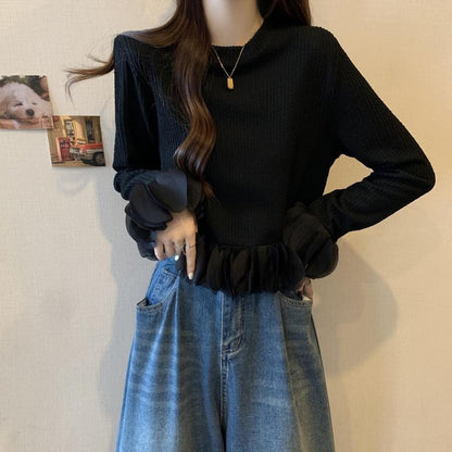 Crewneck Long-Sleeve Ruffle-Hem Knit Pullover in Solid Tone