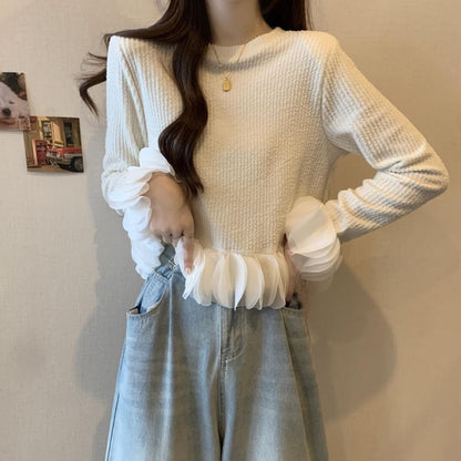 Crewneck Long-Sleeve Ruffle-Hem Knit Pullover in Solid Tone