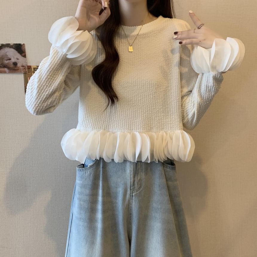 Crewneck Long-Sleeve Ruffle-Hem Knit Pullover in Solid Tone