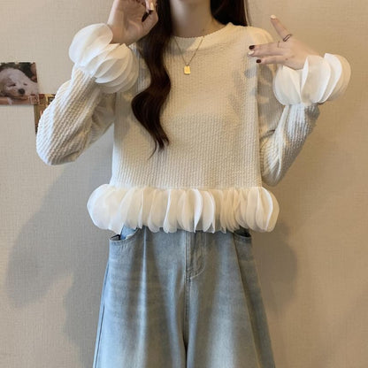 Crewneck Long-Sleeve Ruffle-Hem Knit Pullover in Solid Tone