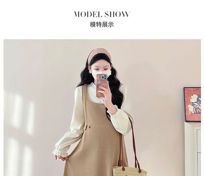 Maternity Solid Long-Sleeve Blouse & Sleeveless Midi A-Line Dress Set