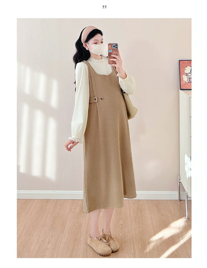 Maternity Solid Long-Sleeve Blouse & Sleeveless Midi A-Line Dress Set
