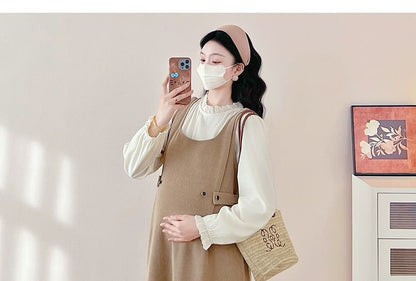 Maternity Solid Long-Sleeve Blouse & Sleeveless Midi A-Line Dress Set