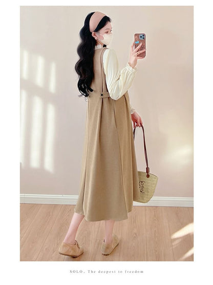 Maternity Solid Long-Sleeve Blouse & Sleeveless Midi A-Line Dress Set