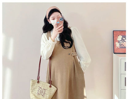 Maternity Solid Long-Sleeve Blouse & Sleeveless Midi A-Line Dress Set