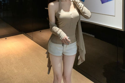 Halter Henley Top with Hot Pants and Light Jacket Set