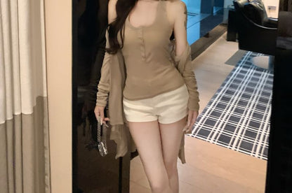 Halter Henley Top with Hot Pants and Light Jacket Set