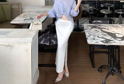 Asymmetrical Long-Sleeve Crop Shirt & Side-Slit Ruched Maxi Skirt