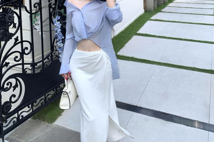 Asymmetrical Long-Sleeve Crop Shirt & Side-Slit Ruched Maxi Skirt