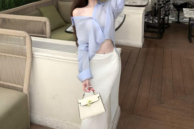 Asymmetrical Long-Sleeve Crop Shirt & Side-Slit Ruched Maxi Skirt