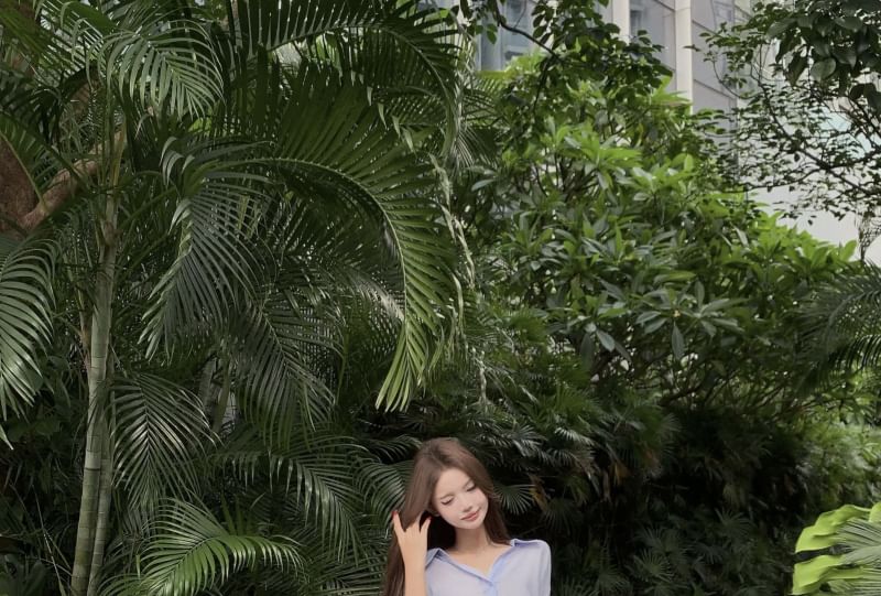 Asymmetrical Long-Sleeve Crop Shirt & Side-Slit Ruched Maxi Skirt