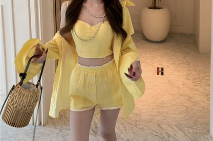 Cropped Cami, Oversized Long-Sleeve Shirt & High-Waist Shorts Trio