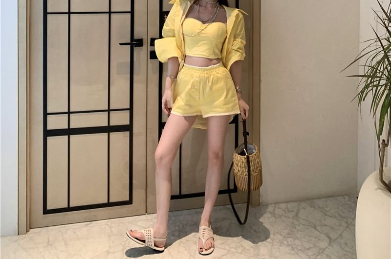 Cropped Cami, Oversized Long-Sleeve Shirt & High-Waist Shorts Trio