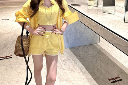 Cropped Cami, Oversized Long-Sleeve Shirt & High-Waist Shorts Trio