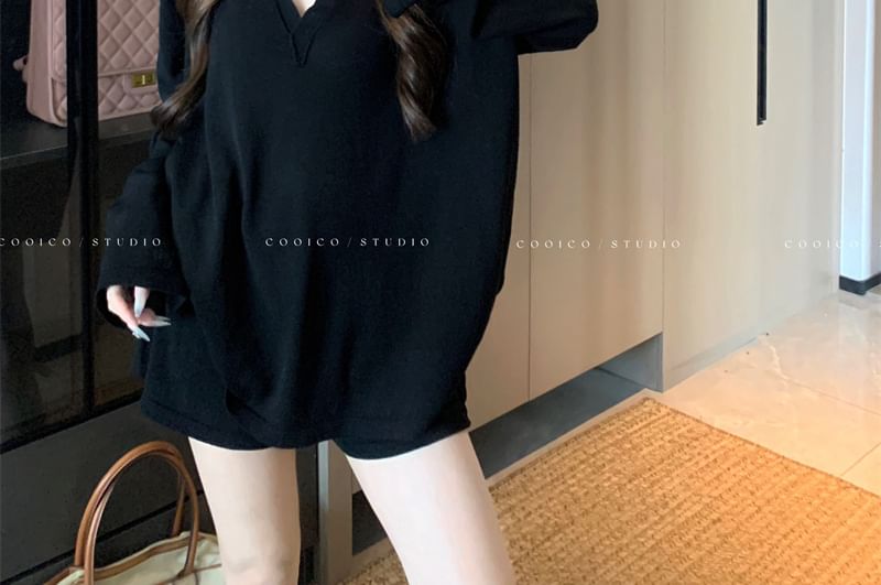 Collared Long-Sleeve Solid Tee & Mid-Rise Shorts Two-Piece