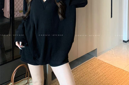 Collared Long-Sleeve Solid Tee & Mid-Rise Shorts Two-Piece
