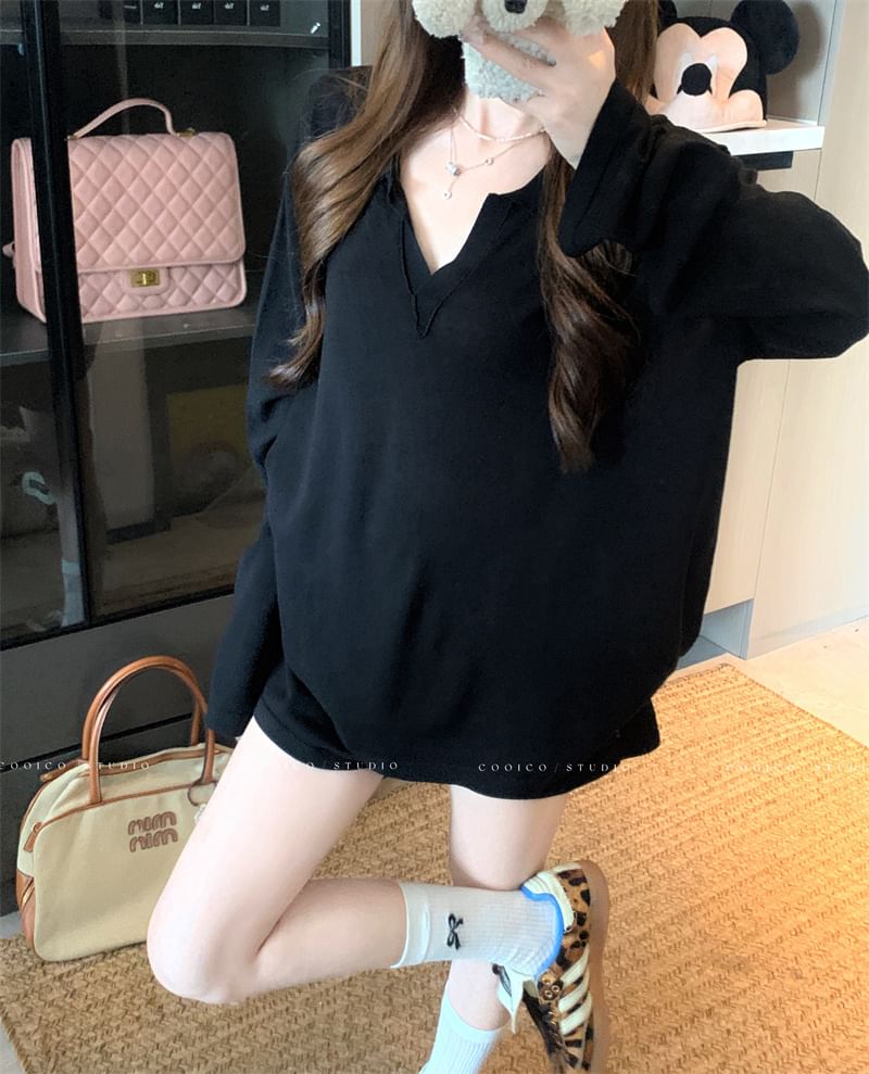 Collared Long-Sleeve Solid Tee & Mid-Rise Shorts Two-Piece