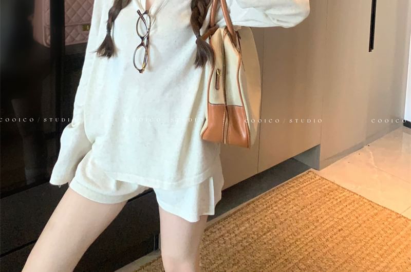 Collared Long-Sleeve Solid Tee & Mid-Rise Shorts Two-Piece