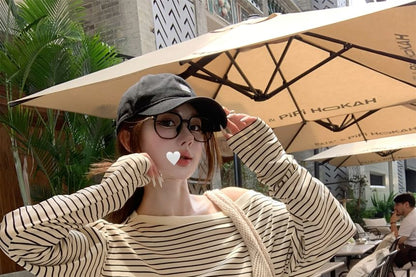 Striped One-Shoulder Long-Sleeve Tee & Drawstring Hot Pants Duo