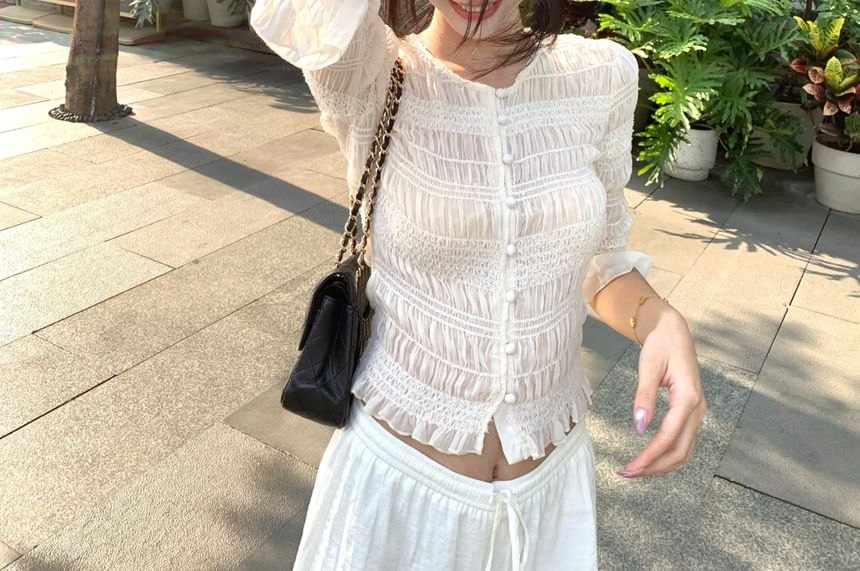 Ruched Elbow-Sleeve Solid-Tone Blouse with Soft Drape
